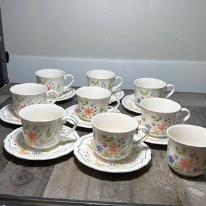 Vintage Country French Cups and Saucers Ironstone Floral Japan 80s Set 9 Rare